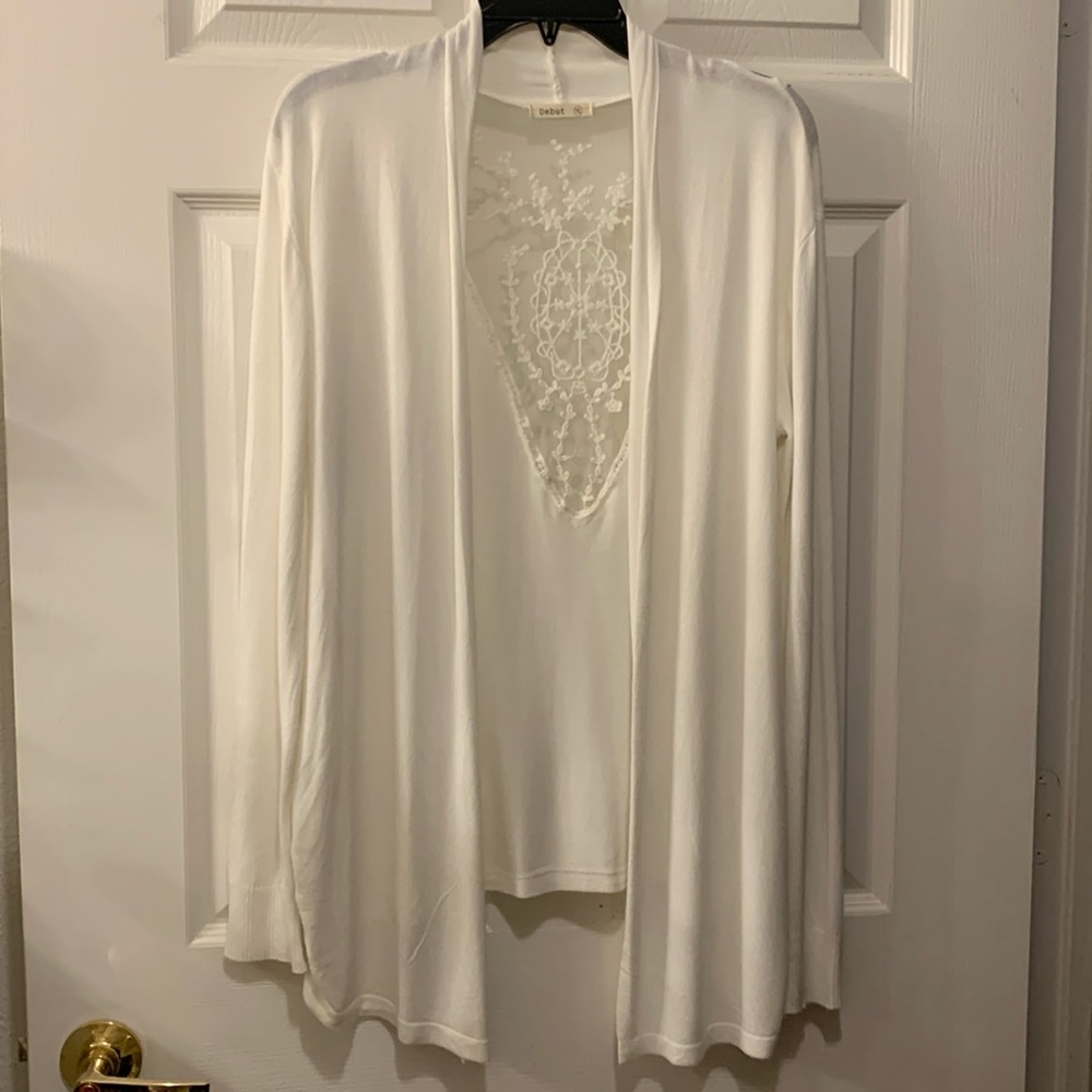 DEBUT OPEN FRONT SWEATER JACKET (LIGHT) SZ 1XL WHITE WITH LACE INSET ON BACK